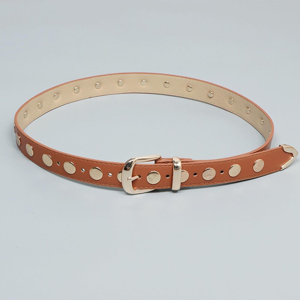 7131 Women Trend Y2k Studded Pu Leather Belt Solid Color Shiny Buckle Waist - Picture 5 of 7
